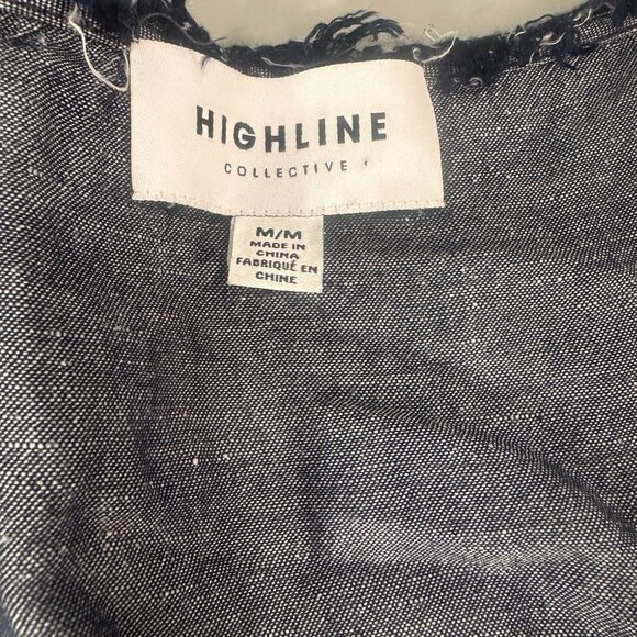 Highline Collective Denim Mini Dress Fringe Tassel Womens Short Sleeve Chambray - Picture 4 of 13